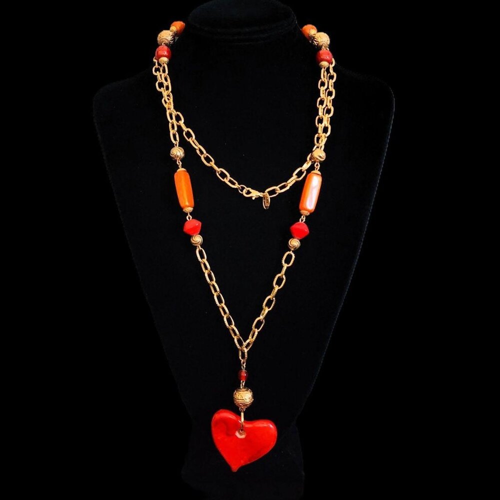 RARE VINTAGE 1980s Diane von Furstenberg Signed DVF Heart Necklace + Pouch